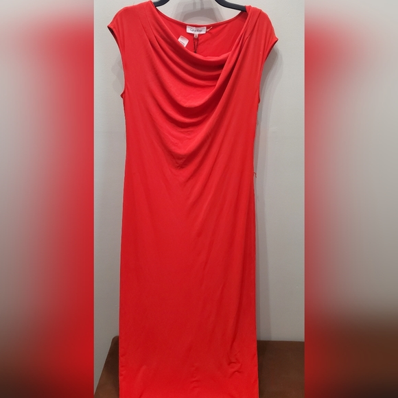 Calvin Klein Red Cowl Neck Maxi Dress with Gold Belt - Picture 6 of 6